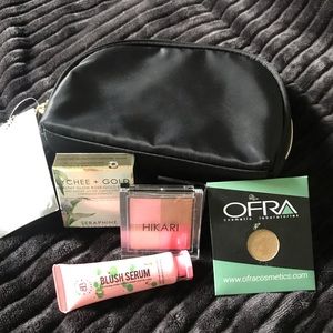 Sample products with makeup bag.